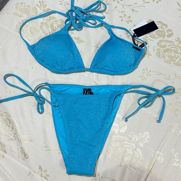 Kendall & Kylie Blue Sparkly Triangle Cup Side Tie Bikini Set Size L - Picture 1 of 15